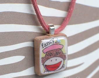 Sock Monkey Scrabble Necklace, Handmade, Tiny Collage, fancy, Scrabble Tile Pendant, Upcycled Game Piece, Distressed-Look, Good Luck Charm