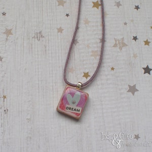 Boho Heart Scrabble Necklace, Handmade, Tiny Collage, DREAM, Scrabble Tile Pendant, Upcycled Game Piece, Distressed-Look, Heart Lover Charm image 3