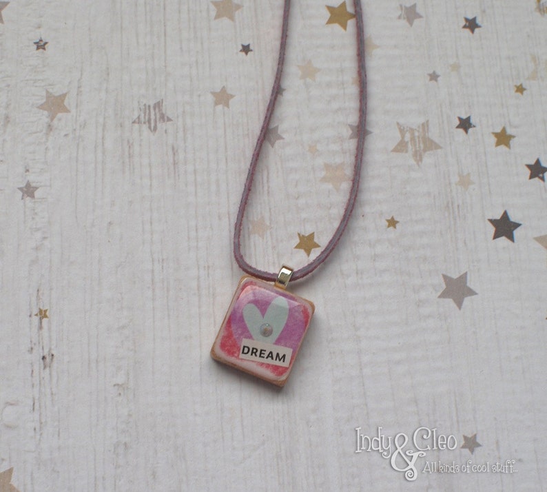 Boho Heart Scrabble Necklace, Handmade, Tiny Collage, DREAM, Scrabble Tile Pendant, Upcycled Game Piece, Distressed-Look, Heart Lover Charm image 3