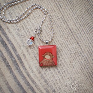 Tiny Sock Monkey Scrabble Pendant, Upcycled Game Piece, Wood Scrabble Tile Necklace, Handmade, Good Luck Charm, Smile, Sock Monkey Lover image 2