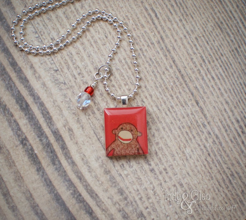 Tiny Sock Monkey Scrabble Pendant, Upcycled Game Piece, Wood Scrabble Tile Necklace, Handmade, Good Luck Charm, Smile, Sock Monkey Lover image 2