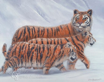 Tiger Art Print, Tiger Mother and Cubs, Big Cats Art, Wildlife Wall Art, Spirit Animal, Flora and Fauna, Animal Home Decor, Snow Winterscape