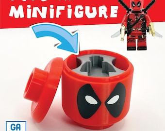 Deadpool Minifigure with matte red accessories storage case