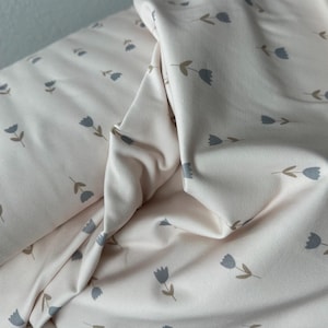 Tulips Blue and Cream Cotton Jersey knit fabric, knit jersey, Knit fabric, beautiful high quality tulip knit fabric, floral fabric