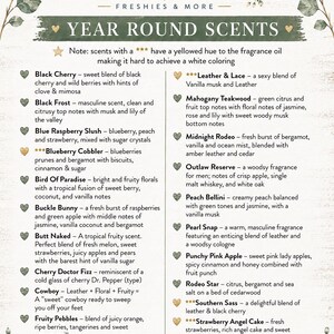 Puede incluir: Un letrero blanco con textura de veta de madera que presenta el texto Forever Hazel Freshies & More y una lista de aromas. El dise&ntilde;o incluye ramas de eucalipto verdes en la parte superior e inferior, con iconos de coraz&oacute;n junto a cada nombre.
