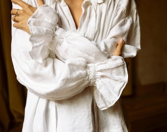 Blusa de lino blanco, camisa poética extragrande, top romántico de manga abullonada, ropa cottagecore, estilo dark academia, moda lenta.