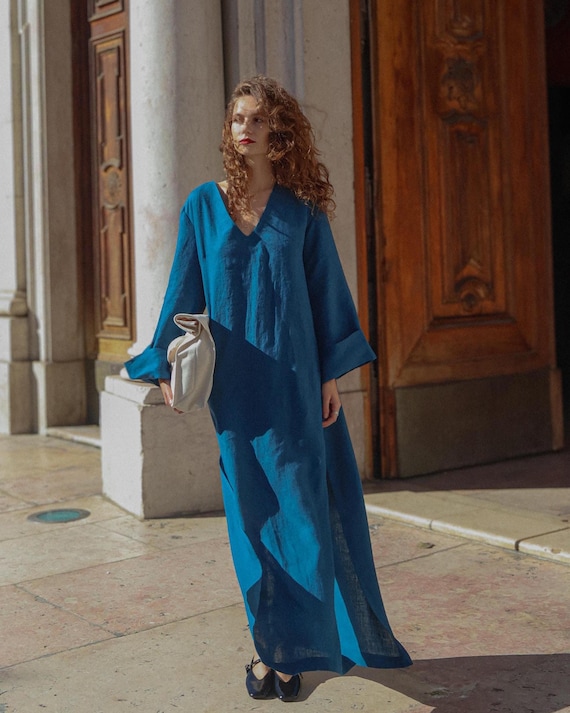 Handmade Blue Linen Maxi Kaftan Dress - Loose Fit, Wide Sleeves, V-Cut Back, Tunic Holiday Dress