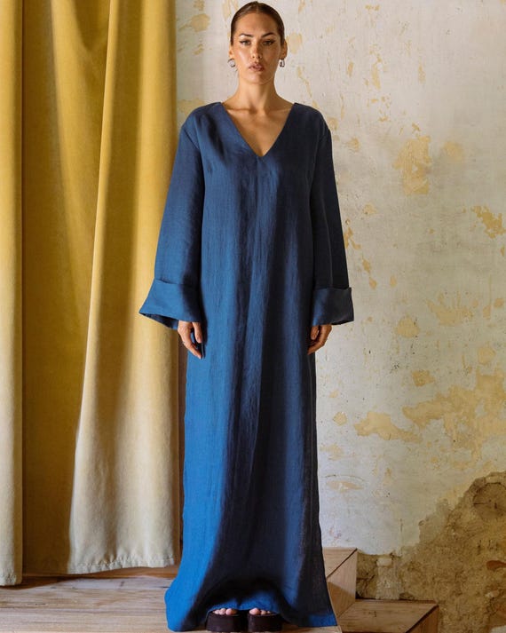 loose fitting holiday dresses Handmade Blue Linen Maxi Kaftan Dress – Fit, Wide Sleeves, V-cut Back, Tunic Dress short loose dress