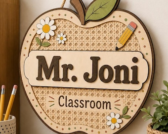 Personalized 3D Teacher Name Door Sign, Teacher Welcome Sign, 3D Wood Classroom Door Hanger, Apple Classroom Decor