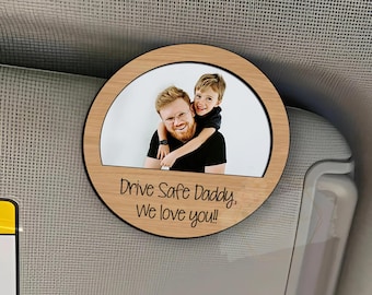 Personalized Round Photo Car Visor Clip, Drive Safe Daddy Wooden Frame, Father's Day Gift From Kids, Car Keepsake