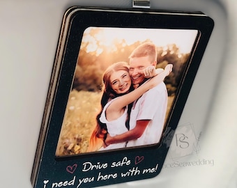 Custom Photo Car Visor Clip, Personalized Wooden Frame, Drive Safe Gift For Him