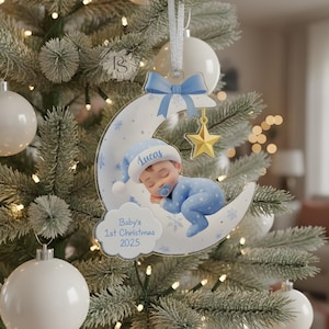 Custom Name Sleeping Angel Baby Ornament 2025, Personalized Moon Keepsake for Baby&#39;s First Christmas, Unique Newborn Holiday Decoration