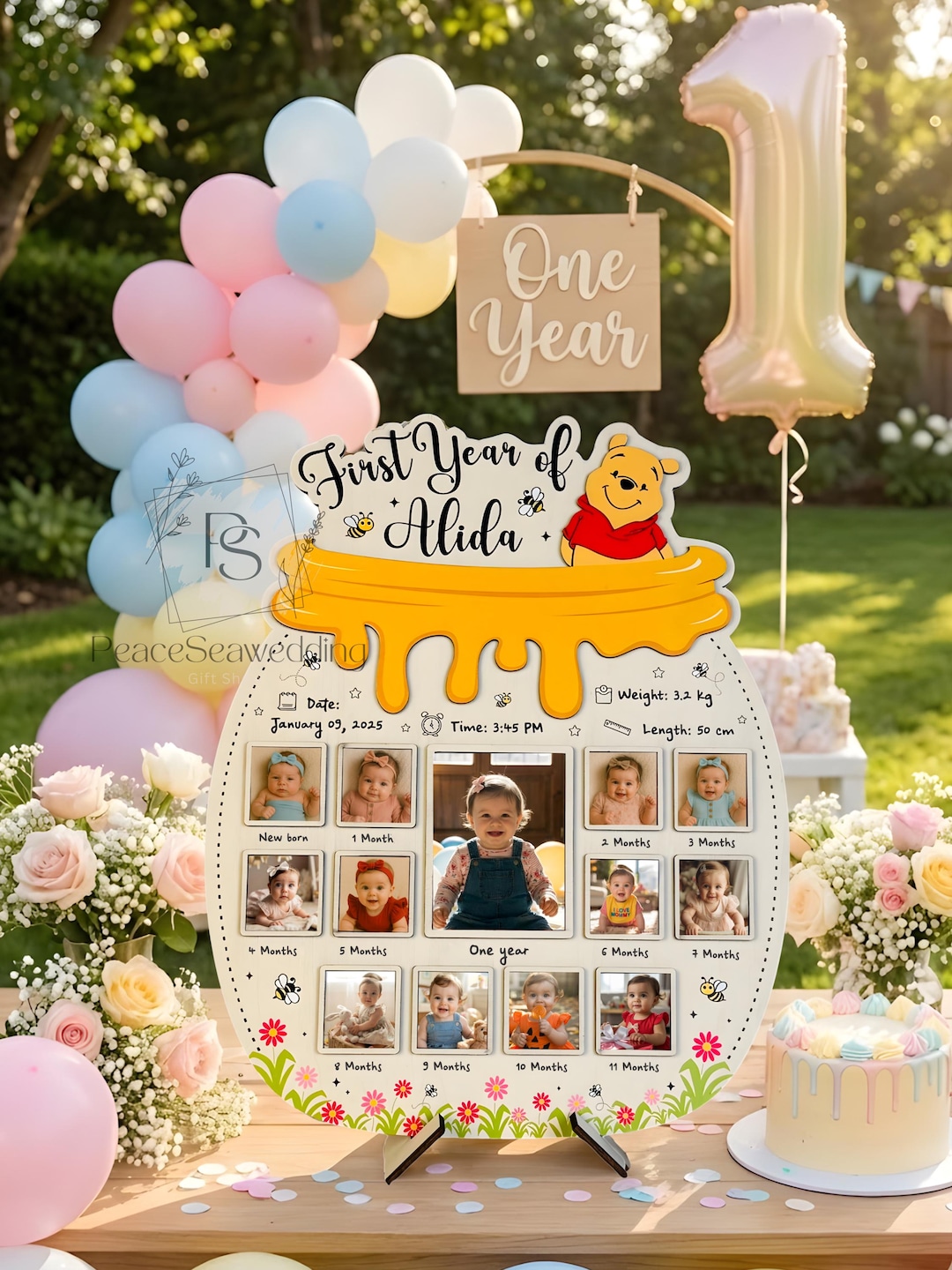 Custom Pooh Theme First Year Photo Board, Custom Baby Milestone ...