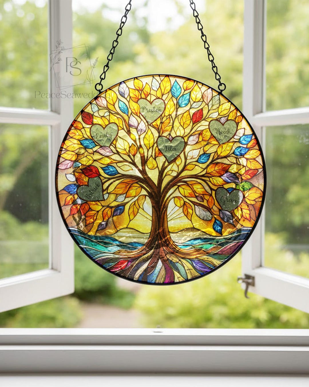 Vibrant Stained Glass Family Tree Decor, Custom Heart Name Window Art ...