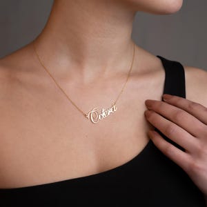 Colar com nome em ouro maciço 14K, pingente com nome personalizado, joias personalizadas, placa com nome escrita à mão, joias de ouro verdadeiro, presente de Natal para mulheres