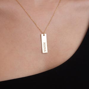 14K Gold Bar Name Necklace, Custom Bar Name Pendant, Personalized Vertical Jewelry, Handmade Vertical Bar Pendant, Christmas Gift For Women