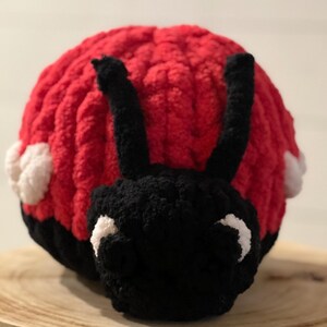 Op de afbeelding: Een rood en zwart gehaakt lieveheersbeestje speelgoed met witte accenten. Het lieveheersbeestje zit op een houten oppervlak.