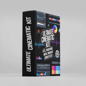 Puede incluir: Caja negra con el texto "Ultimate Cinematic Kit: LUTS, Transitions, Music, Cinematic Sound Effects" sobre un fondo blanco.