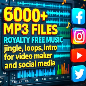 Könnte beinhalten: Ein digitales Display zeigt Audio-Wellenformen und Social-Media-Symbole. Der Text lautet "6000+ MP3 FILES ROYALTY FREE MUSIC jingle, loops, intro for video maker and social media."