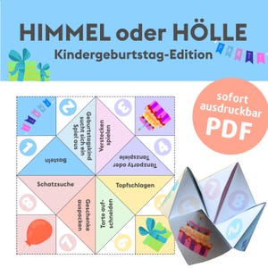 May include: A printable game for a children's birthday party. The game is called "Heaven or Hell" and has a colorful design with numbers and images of cake, presents, and balloons. The game is designed to be folded into a cube.