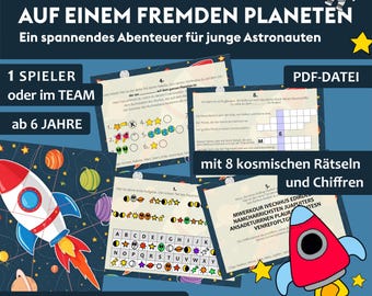 May include: A colorful printable activity pack for kids featuring a rocket ship, planets, and stars. The text on the page reads "Indoor Schnitzeljagd AUF EINEM FREMDEN PLANETEN Ein spannendes Abenteuer für junge Astronauten 1 SPIELER oder im TEAM ab 6 JAHRE PDF-DATEI mit 8 kosmischen Rätseln und Chiffren Löse Rätsel und finde dein abgestürztes Raumschiff".