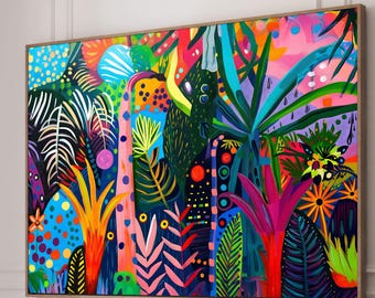 Arte mural abstracto colorido de selva, impresión botánica vibrante en lienzo, decoración tropical moderna