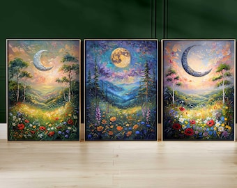 Moon Landscape Print Set of 3, Wildflower Triptych Wall Art, Nature Canvas Decor