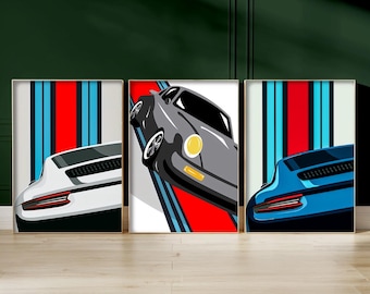 Porsche 911 Pop Art Prints Set of 3 | Blue, Grey, White Abstract Wall Art | Modern Garage Decor for Car Enthusiasts