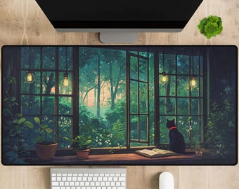 Lofi Black Cat Desk Mat | Night Landscape Extended Mouse Pad