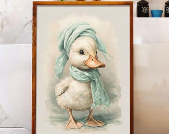 Funny Duck Bathroom Art – Retro Duck in Towel Wall Print – Adorable Animal Illustration – Kids Bath Room  Prints