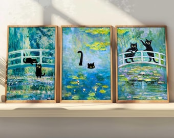 Monet Black Cat Art Prints Set | Water Lily Pond, Funny Home Decor