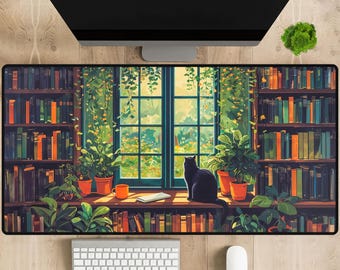 Library Cat Desk Mat | Cozy Lofi Mousepad | XXL Aesthetic Desk Pad with Plants | Dark Academia Gaming Mat | Cute Cat Keyboard Playmat