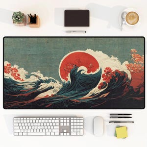 Abstract Japanese Cherry Blossom Mouse Pad | Sakura Wave Gaming Mouse Mat, Large Desk Pad, Hokusai Inspired Office Desk Mat