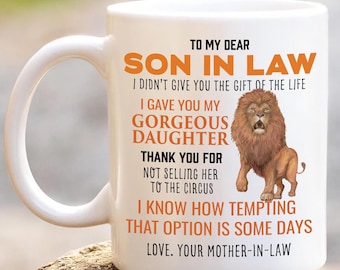 Son-In-Law Coffee Mug, Funny Gift for Family, Lion Design, Unique Dad Gift, Quirky Kitchenware, Birthday or Father's Day Humor