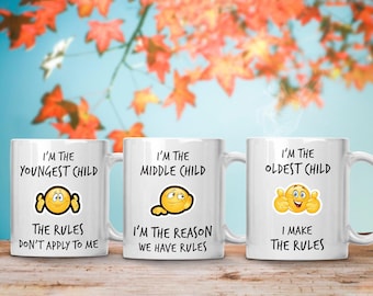 Funny Mugs Set 3 Mugs for New Youngest Middle Oldest Child Sister Brother Rules Funny Emoji Coffee Mug Tea Cup Gift