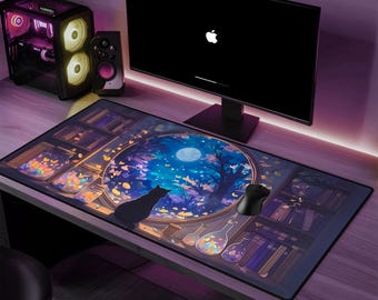 Black Cat Desk Mat anime Mystical Library Desk Mat, Witchcrafty Twilight Hues - Dark Academia Mouse Pad Home Office Anime Desk Mat for gift