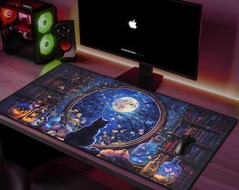 Mystical Moonlight Cat Desk Mat – Enchanted Library Anime Desk Pad, Witchy Dark Academia Mouse Pad for Home Office Gift