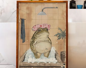 Funny Japanese Toad Bathroom Wall Art | Vintage Ukiyo-e Style Poster | Quirky Boho Decor