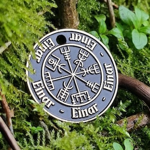 Personalized Thick Solid Brass Pet ID Tag for Cats & Dogs - Deep Engraved Viking Compass Vegvísir Wayfinder Design - Custom Collar Tag