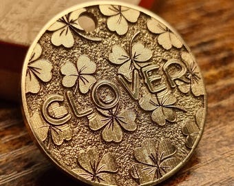 Personalized Thick Solid Polished Brass Pet ID Tag for Cats & Dogs - Deep Engraved Clover Leaf Lucky Nature Design - Custom Collar Tag
