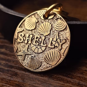 Personalized Thick Solid Polished Brass Pet ID Tag for Cats & Dogs - Deep Engraved Seashell Starfish Beach Design - Custom Collar Tag