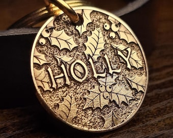 Personalized Thick Solid Polished Brass Durable Pet ID Tag for Cats & Dogs - Deep Engraved Holly Leaf Winter Nature - Custom Collar Tag