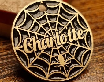 Intricate Spiderweb Pet Tag with Hanging Spider Design Personalized Deep Engraved Solid Brass Halloween ID Collar Tag for Cats & Dogs