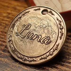 Personalized Thick Solid Polished Brass Pet ID Tag for Cats & Dogs - Deep Engraved Luna Gold Space Moon Design - Custom Collar Tag