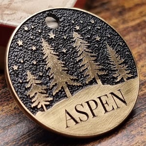 Personalized Thick Solid Polished Brass Pet ID Tag for Cats & Dogs - Deep Engraved Aspen Tree Wilderness Woodland Nature - Custom Collar Tag