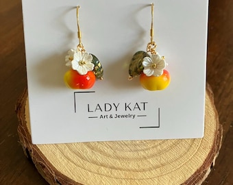 Cottagecore Apple Fruit Earrings, White Flower & Fruit Dangle Earrings, Nature Inspired Jewelry, Whimsical Garden Gift for Her