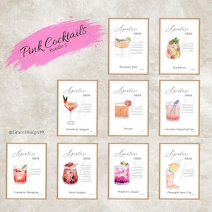 Könnte beinhalten: Druckbarer digitaler Download von acht rosa Cocktail-Rezeptkarten. Jede Karte zeigt eine Aquarell-Illustration eines Cocktails mit dem Namen des Getränks und den Worten "Signature Drink".