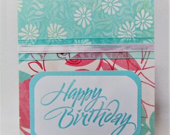 Handmade Happy Birthday card. Hand stamped and embossed. Layered paper. Blank inside, #9022