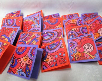 Set of 20, Note Cards, Green and Pink Funky Floral. 3" x 3" cards