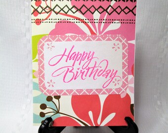 Handmade Happy Birthday card. Hand stamped and embossed. Layered paper. Blank inside, #9162